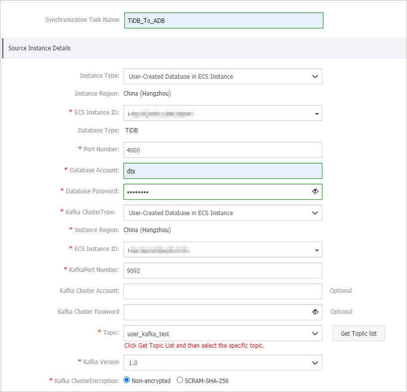 Configure the task name and the source database