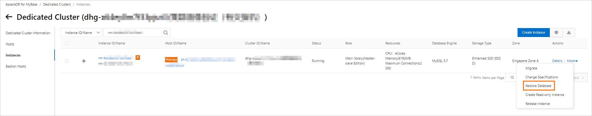 Restore the data of an ApsaraDB MyBase for MySQL instance