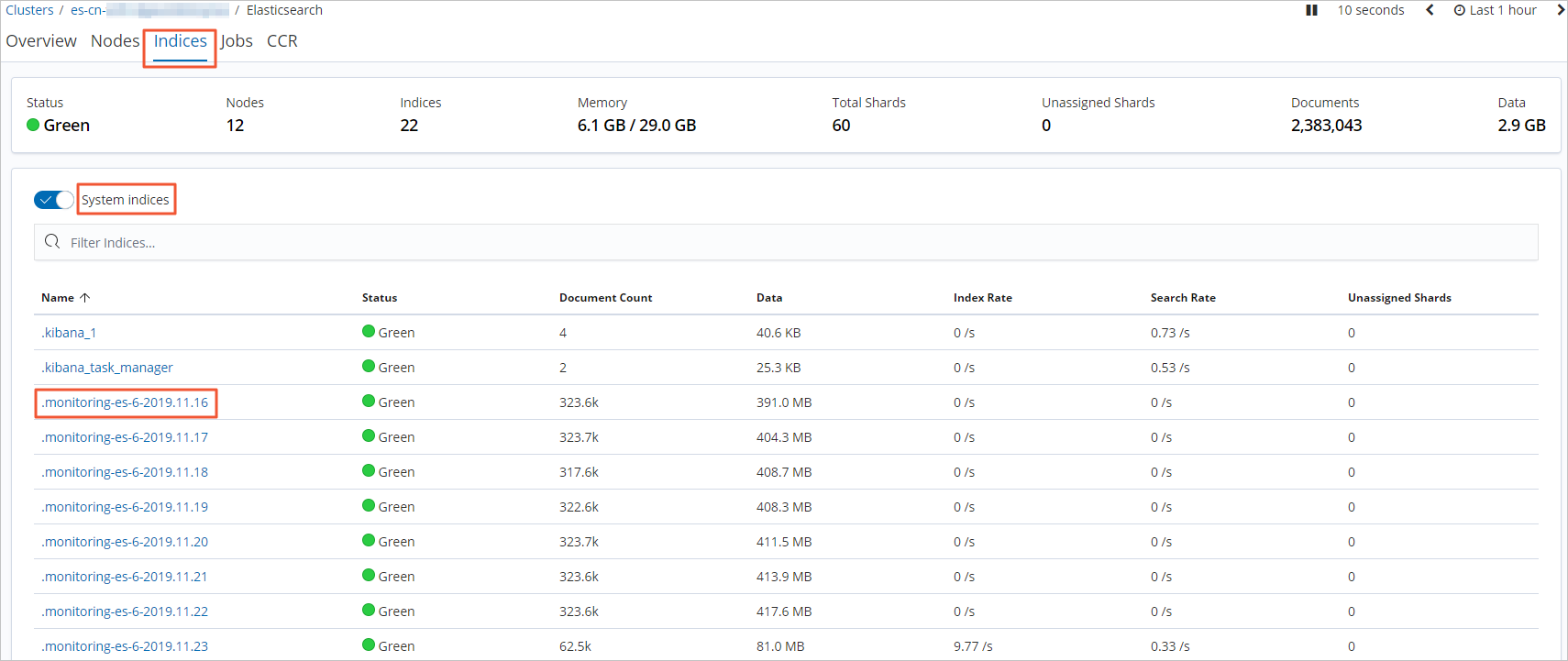 View monitoring index information