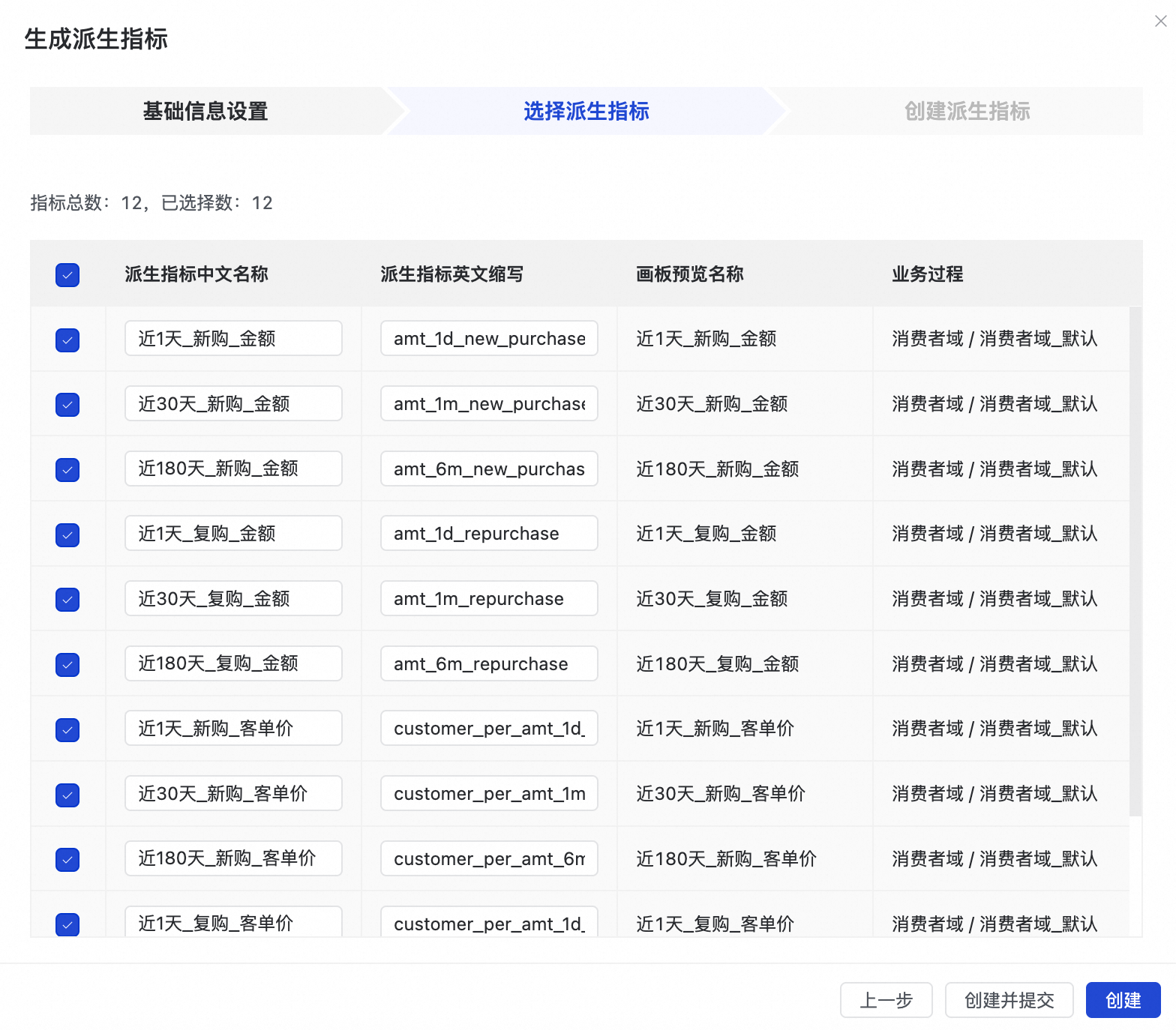 选择需要生成的派生指标