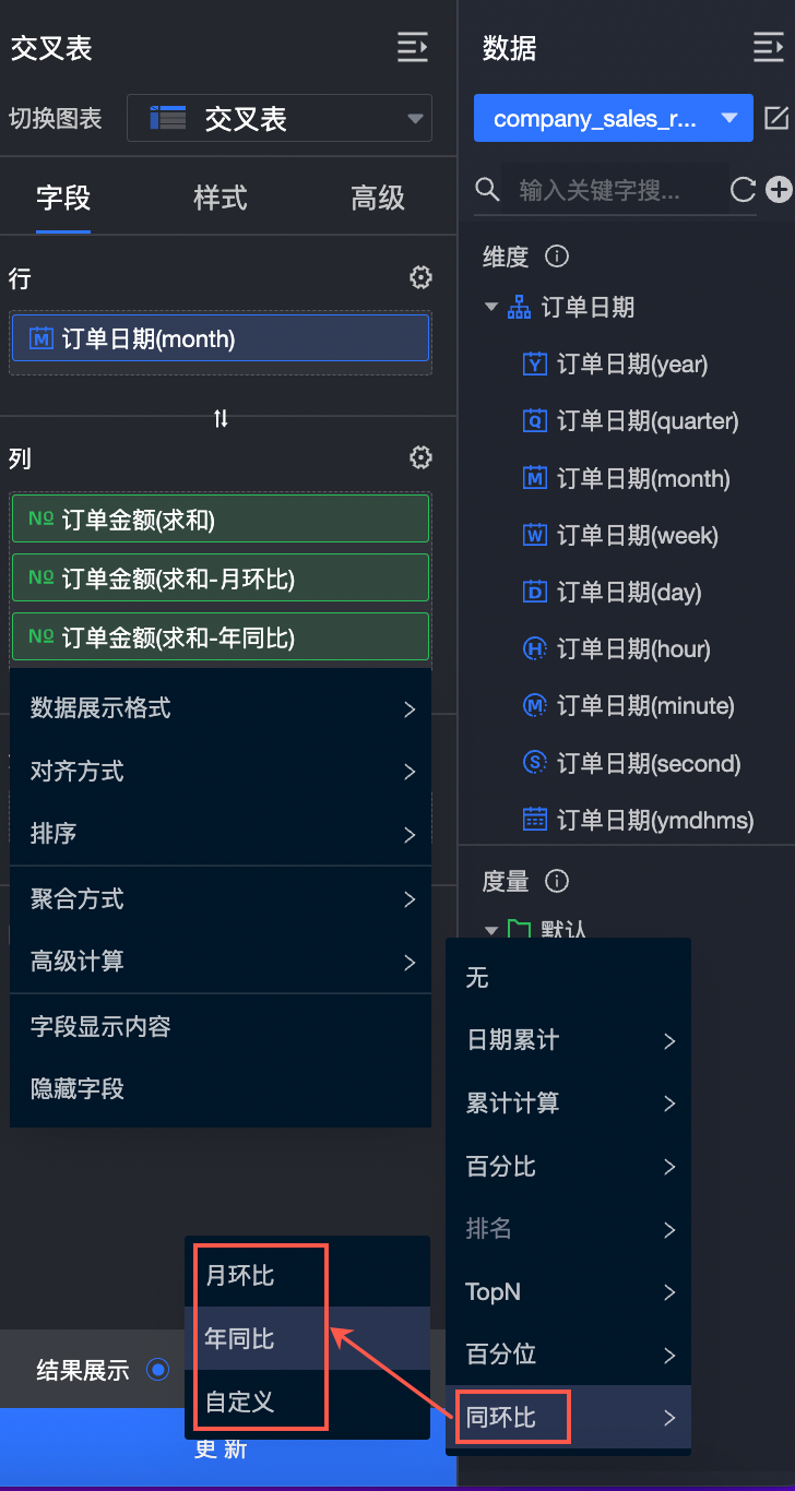 如何配置度量的同比和环比_Quick BI-阿里云帮助中心