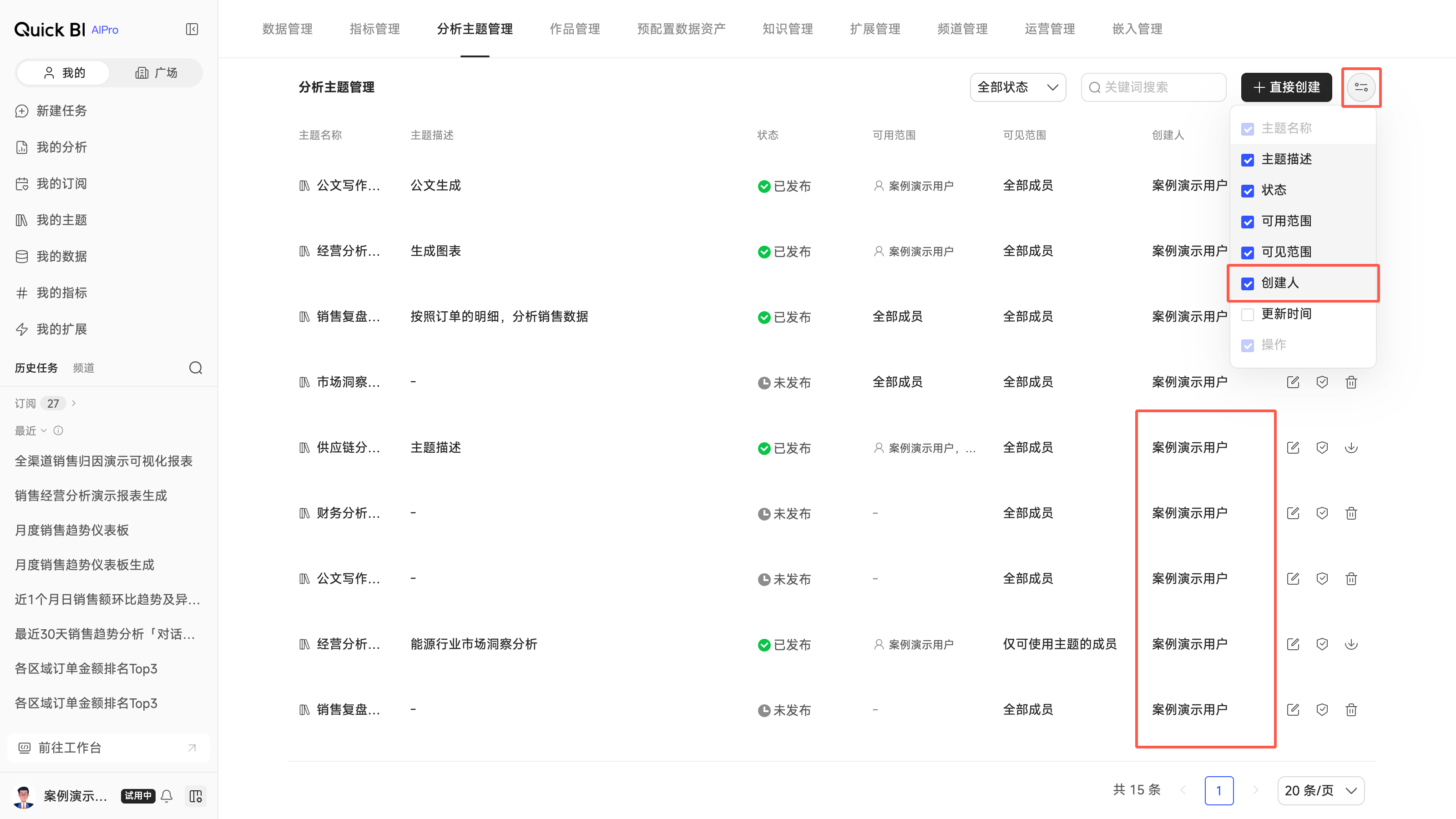 分析主题管理列表页完整截图：列表右上角的“展示列”菜单已展开且“创建人”已勾选，列表中显示“创建人”列及多条主题记录