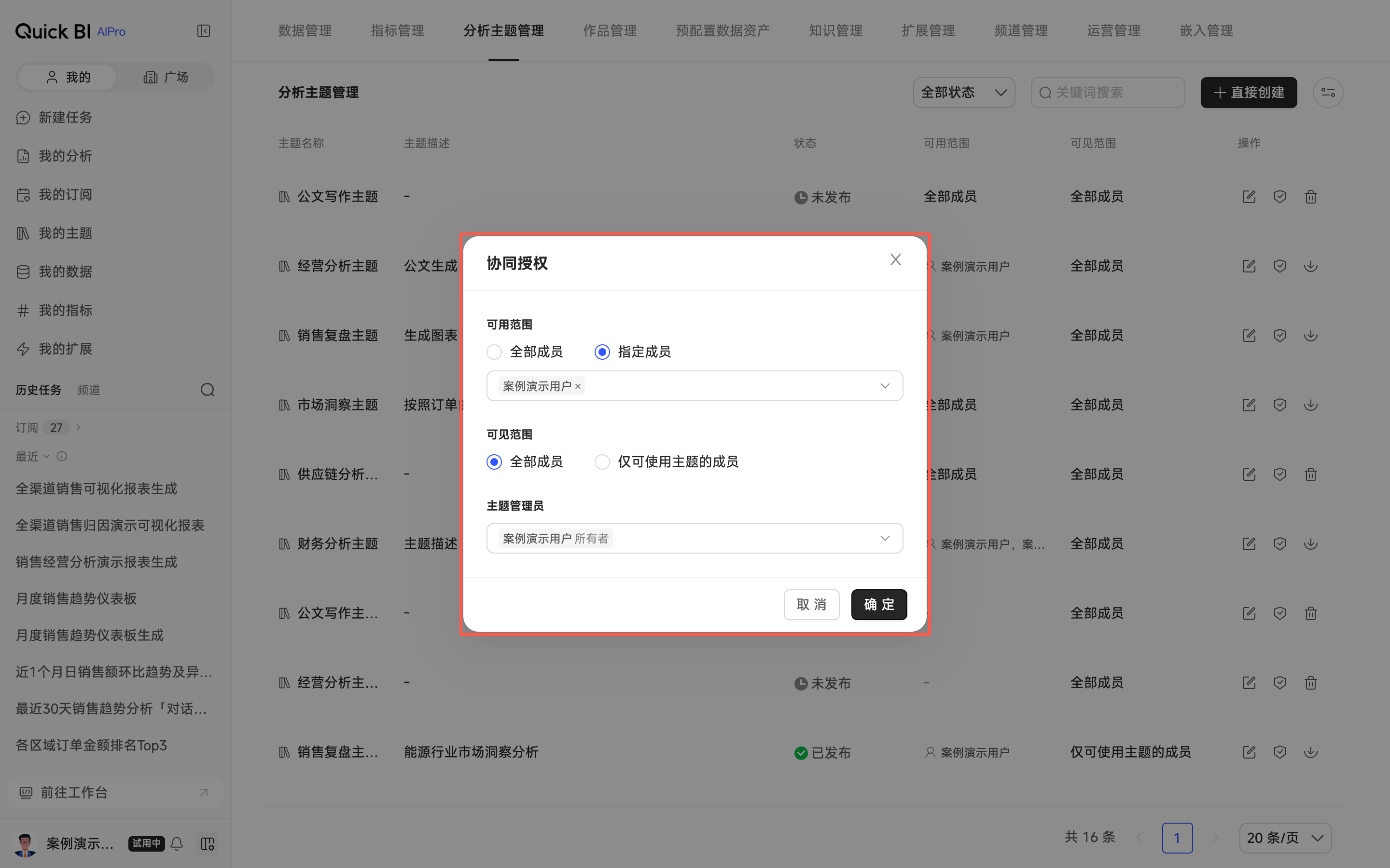 协同授权弹窗：可用范围（全部成员/指定成员）、可见范围（全部成员/仅可使用主题的成员）与主题管理员配置项同屏可见