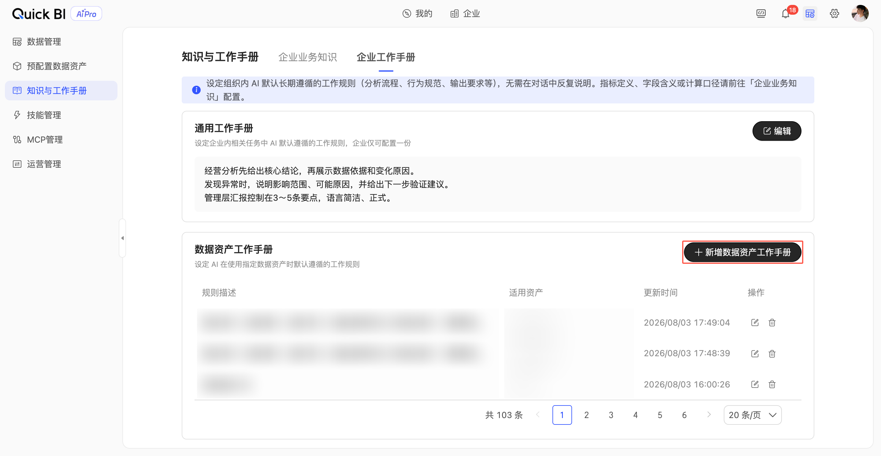 数据资产工作手册区域的新增数据资产工作手册按钮