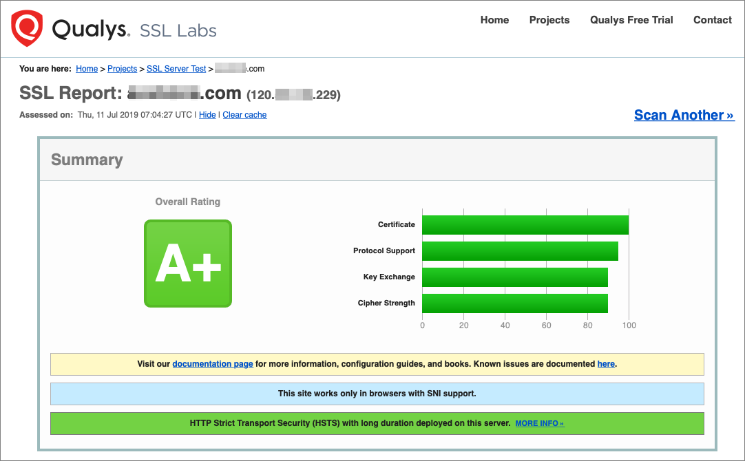 网站的SSL Labs检测结果为A+