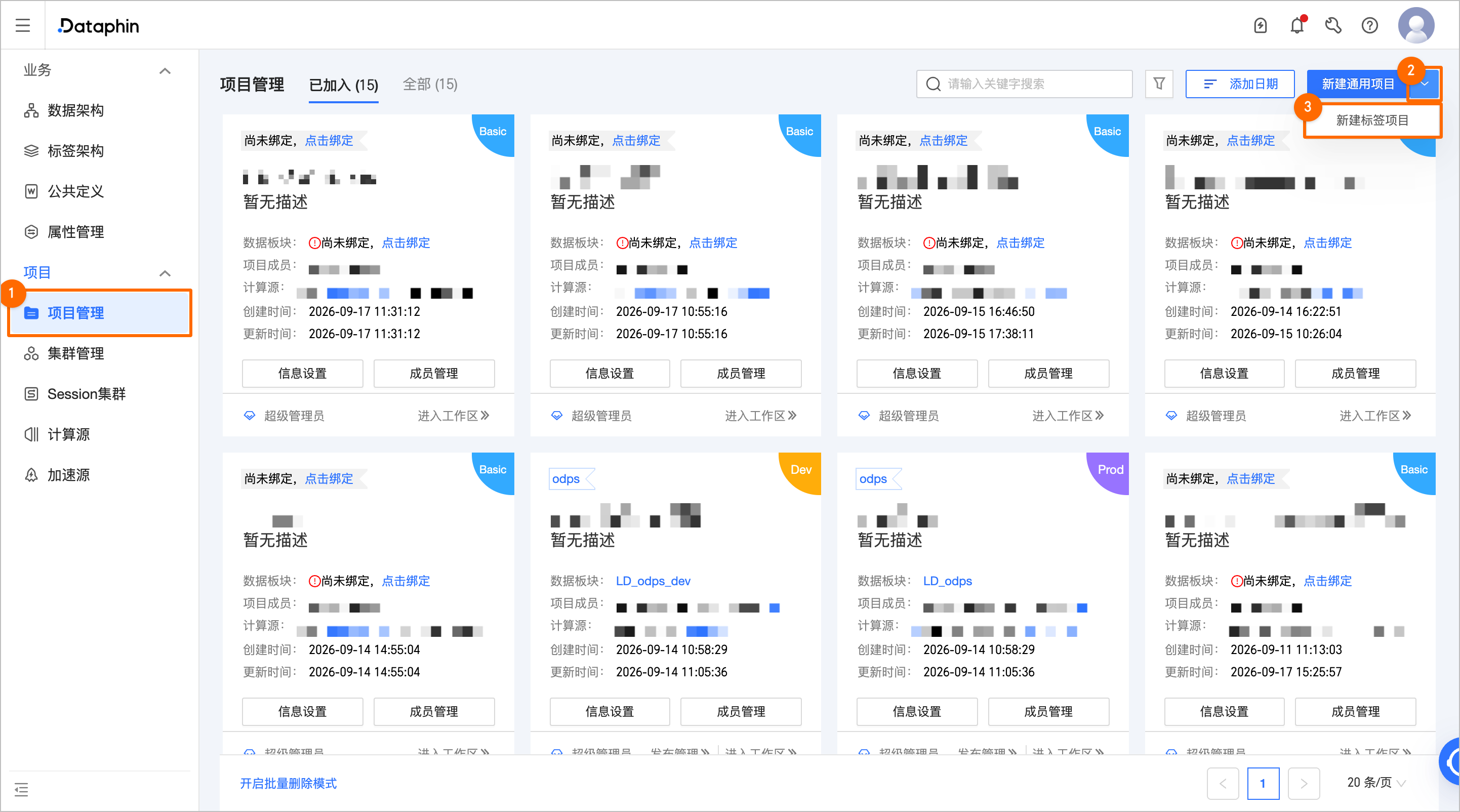 项目管理页面新建标签项目入口