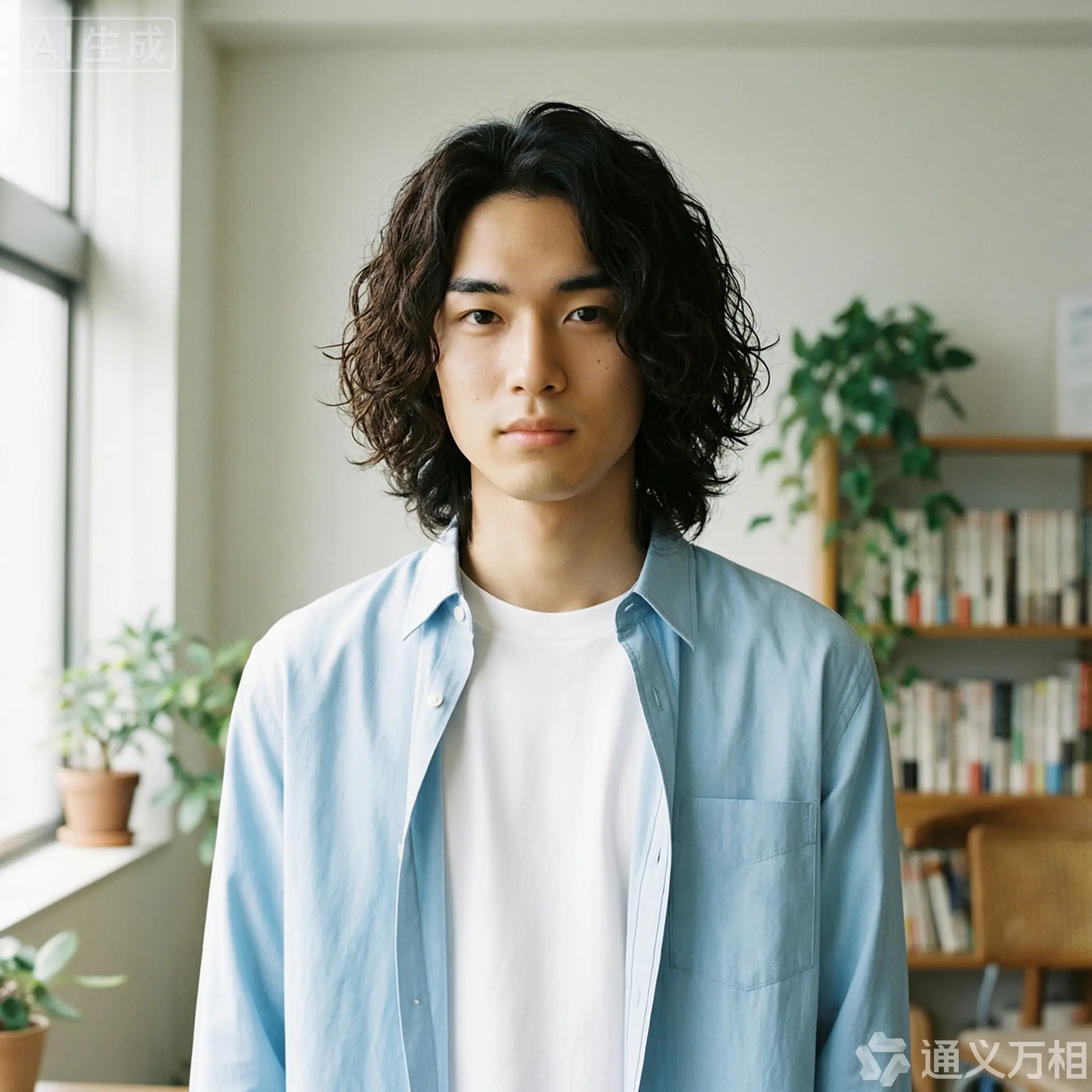 Wan_图片生成_一位 20 岁的东亚男性,头发是卷卷的半长发,文艺气质,五官立体,眉眼清秀,穿着简约白色 T 恤或浅蓝色衬衫,少年感,自然气质。-2026-03-31-19-26-24
