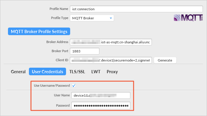 設定mqtt.fx的User Credentials